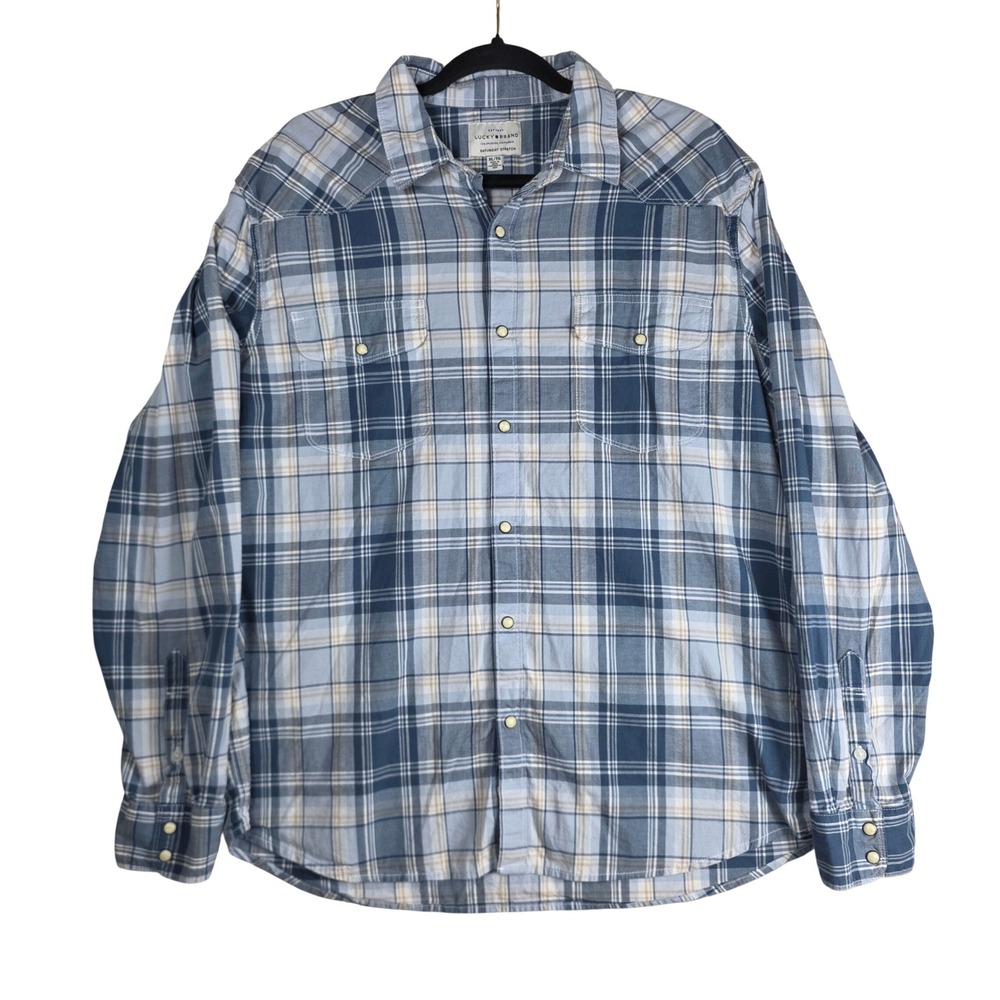 Lucky Brand Western Shirt Blue Plaid Pearl Snap Saturday Stretch XL Mens Casual